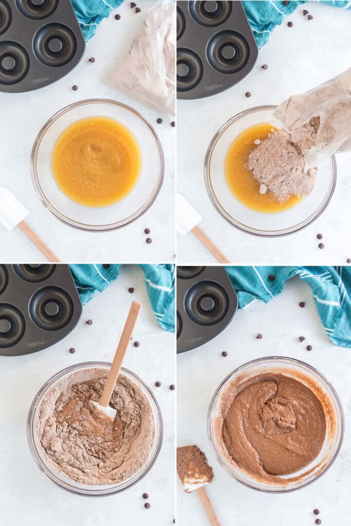 photo collage: applesauce in glass bowl, bag of cake mix, donut pan, cake mix being mixed into applesauce, spatula and aqua linen