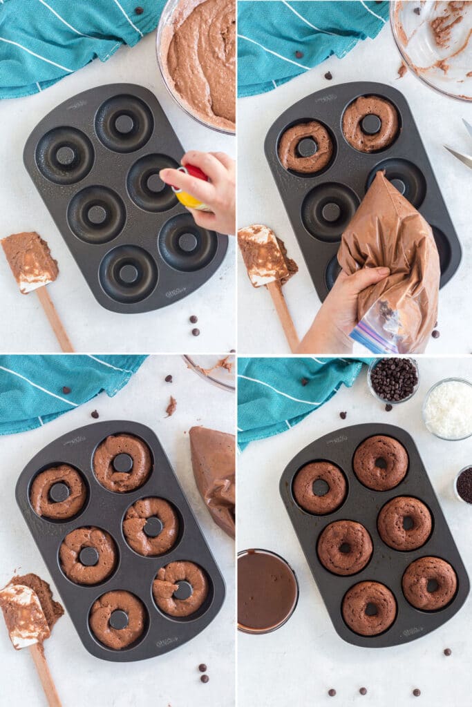 4 photo collage showing the steps to grease and fill donut pan with batter using ziploc bag, baked donuts in pan, aqua linen 