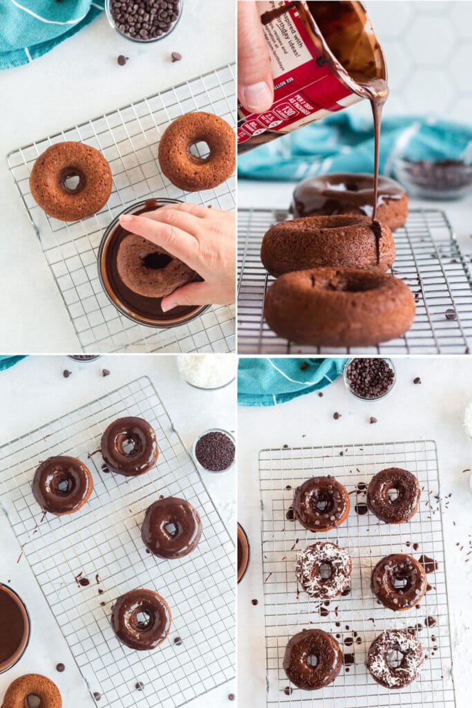 4 photo collage dipping donut into bowl of frosting, pouring chocolate frosting over donuts, frosted donuts on cooling rack, and donuts with toppings