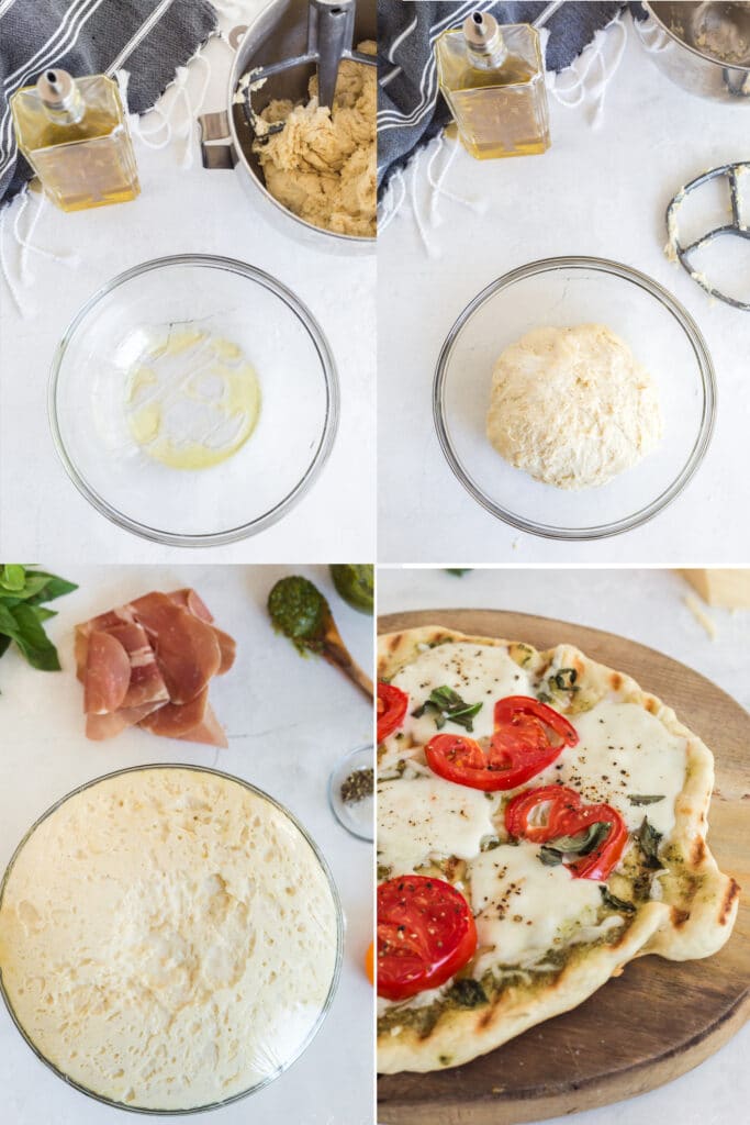 photo collage of glass bowl with olive oil, ball of dough in glass bowl, puffy dough in glass bowl with saran wrap and pizza ingredients in background, finished cooked pizza with tomatoes and cheese on wooden board