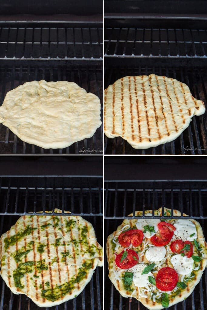 photo collage showing raw pizza dough on grill, flipped pizza dough with grill lines, pesto spread on grilled pizza dough, and cheese and tomatoes over the pesto on the grill