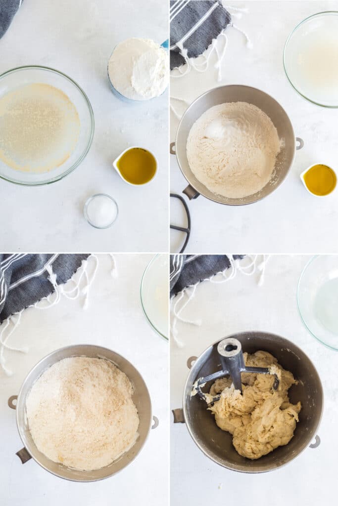 photo collage of glass bowls with water and yeast, flour, olive oil, and salt, flour in metal bowl before and after oil is mixed in, wet pizza dough in mixing bowl