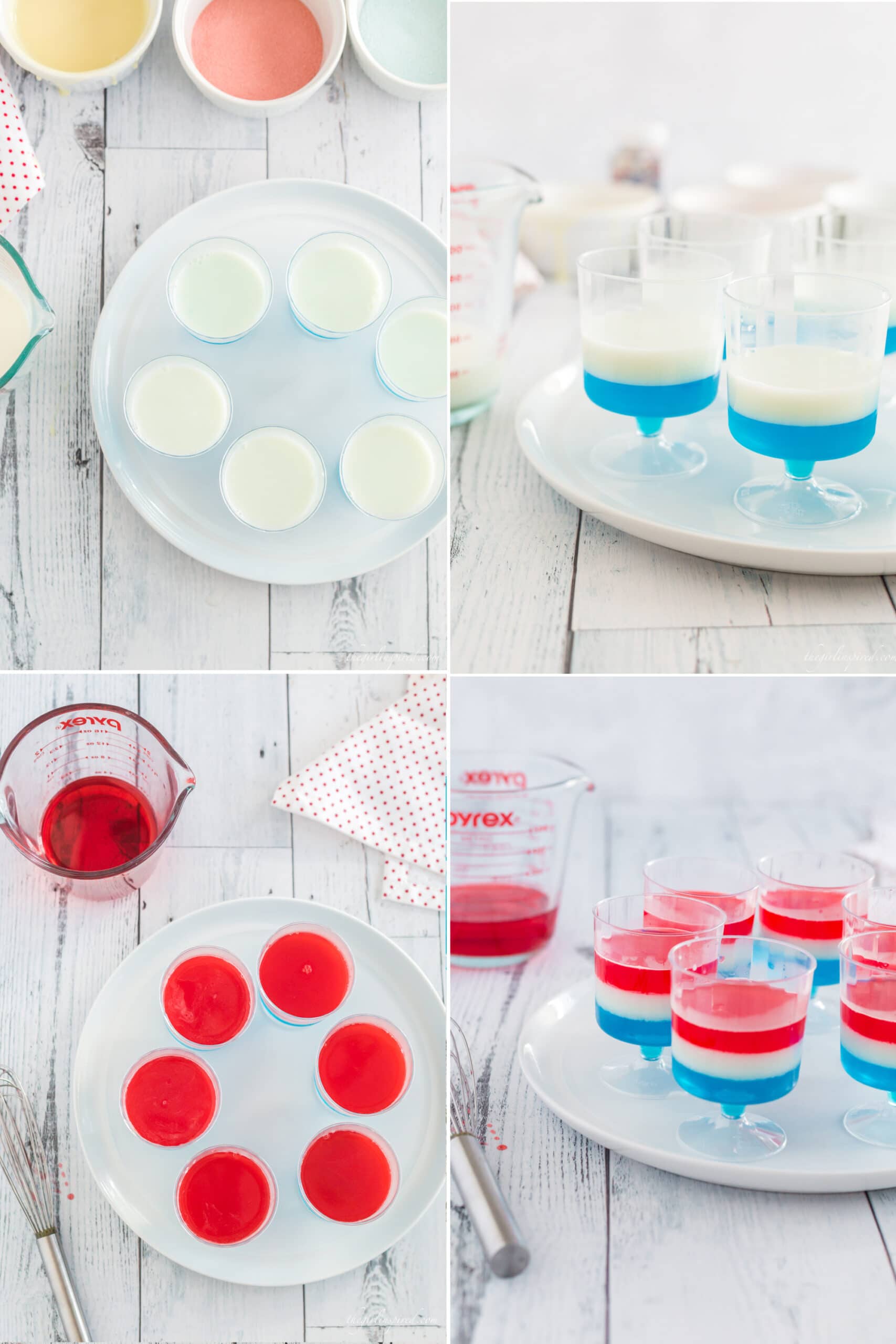 photo collage of white layer of jello on top of blue and then red layer on top of the white
