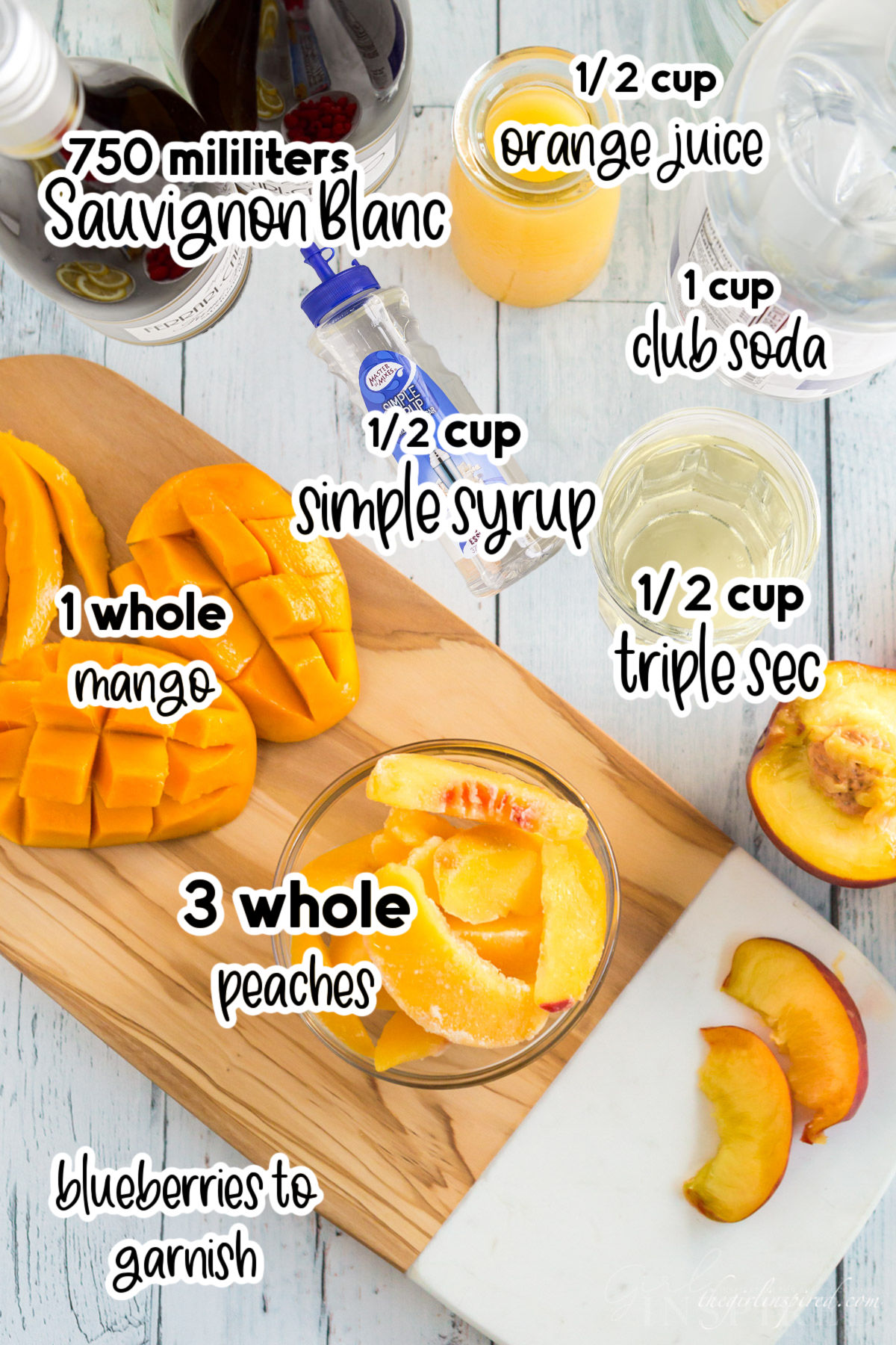 Individual ingredients for peach sangria, sliced fruit, bottles of wine, with text labels.