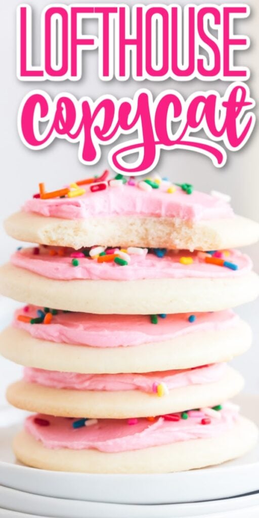 stack of lofthouse cookies with pink frosting and sprinkles on three white plates with bite taken out of the top cookie and text overlay