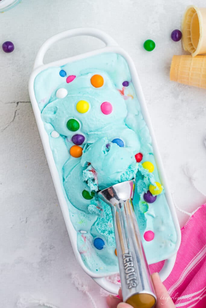 blue bubblegum ice cream in white ceramic loaf pan