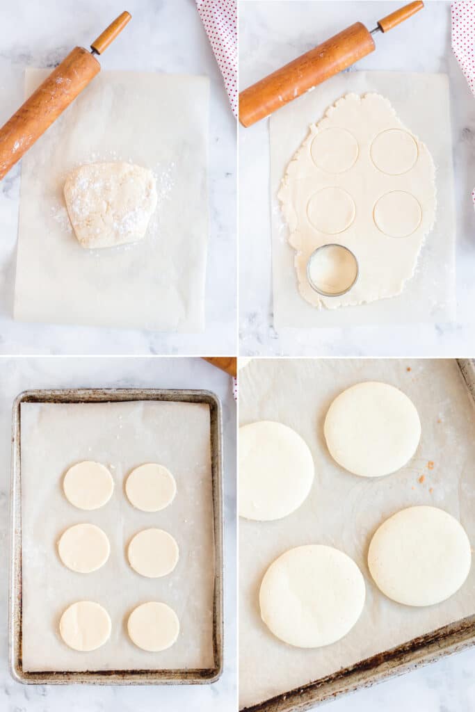 photo collage showing cookie dough wrapped in plastic wrap, rolled out on parchment paper, cut into rounds, set and baked on baking sheet