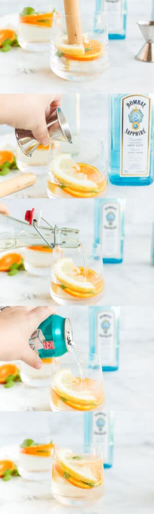 photo collage with step by step photos adding lemon and orange slices, and basil, gin, soda water, and simple syrup to low ball glass