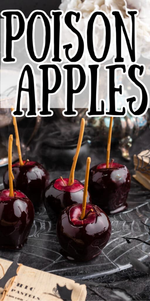 black candy apples on plate with black background and misty bowl and pitcher in background