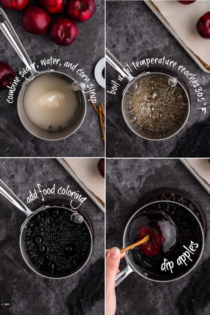 four photo collage showing the steps of candy apple recipe - ingredients in baking pan, bubbling sugar syrup, black bubbling syrup, and apple being dipped into candy coating