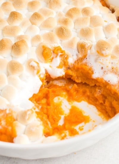 mashed candied yams with golden puffy marshmallows on top
