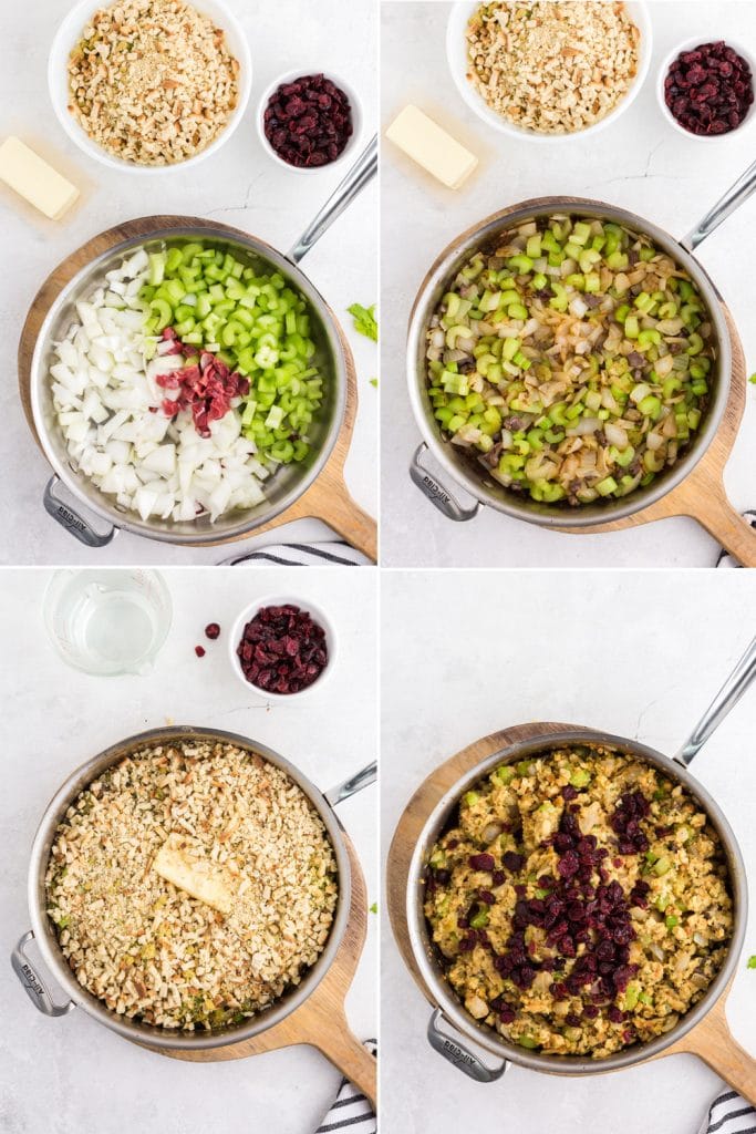 4 photo collage of steps making stuffing - celery, onions, and giblets in saucepan, cooked vegetables and giblets in saucepan, breadcrumbs and butter added to saucepan, cranberries added to finished stuffing in saucepan