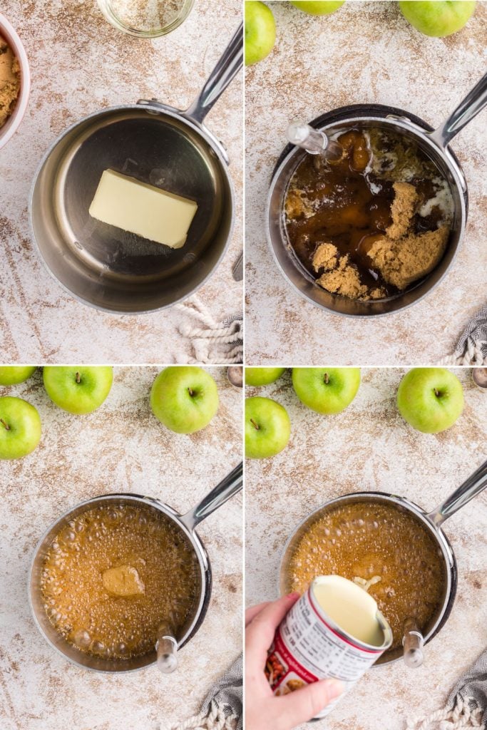 4 photo collage of 1) butter in saucepan 2)brown sugar and corn syrup in saucepan 3) bubbling caramel with green apples around, and 4) pouring milk into caramel mixture