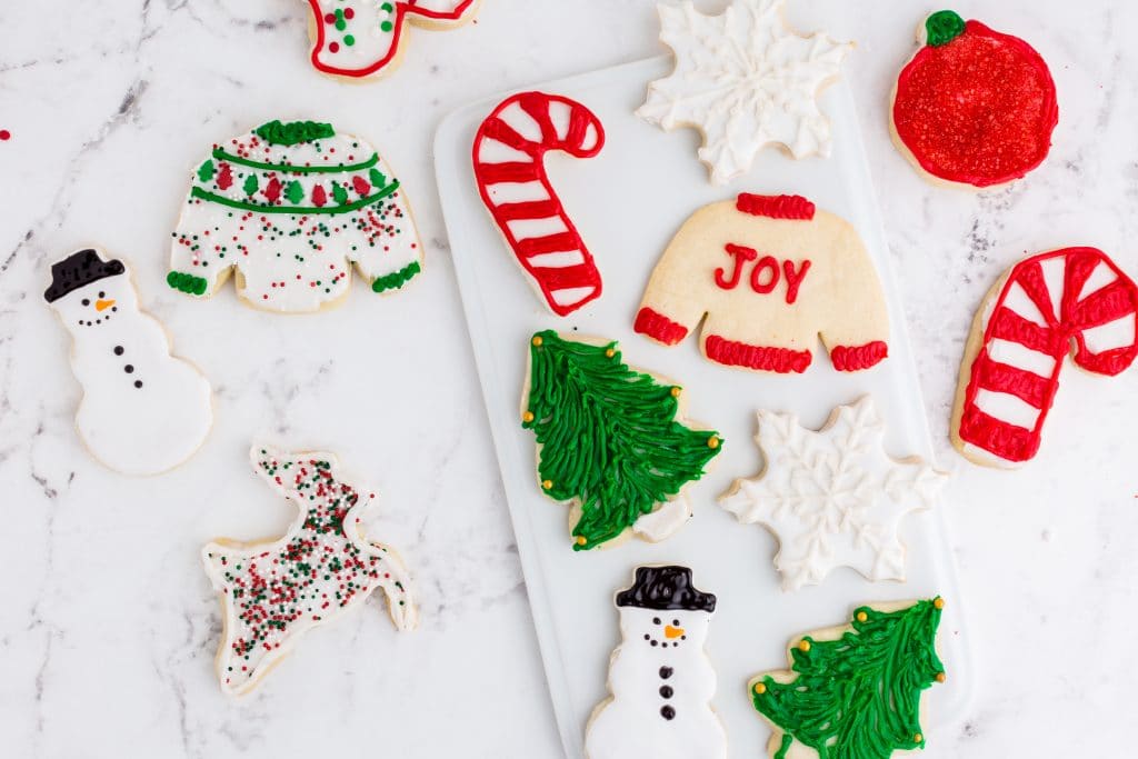 decorated Christmas sugar cookies with sprinkles and colored frosting