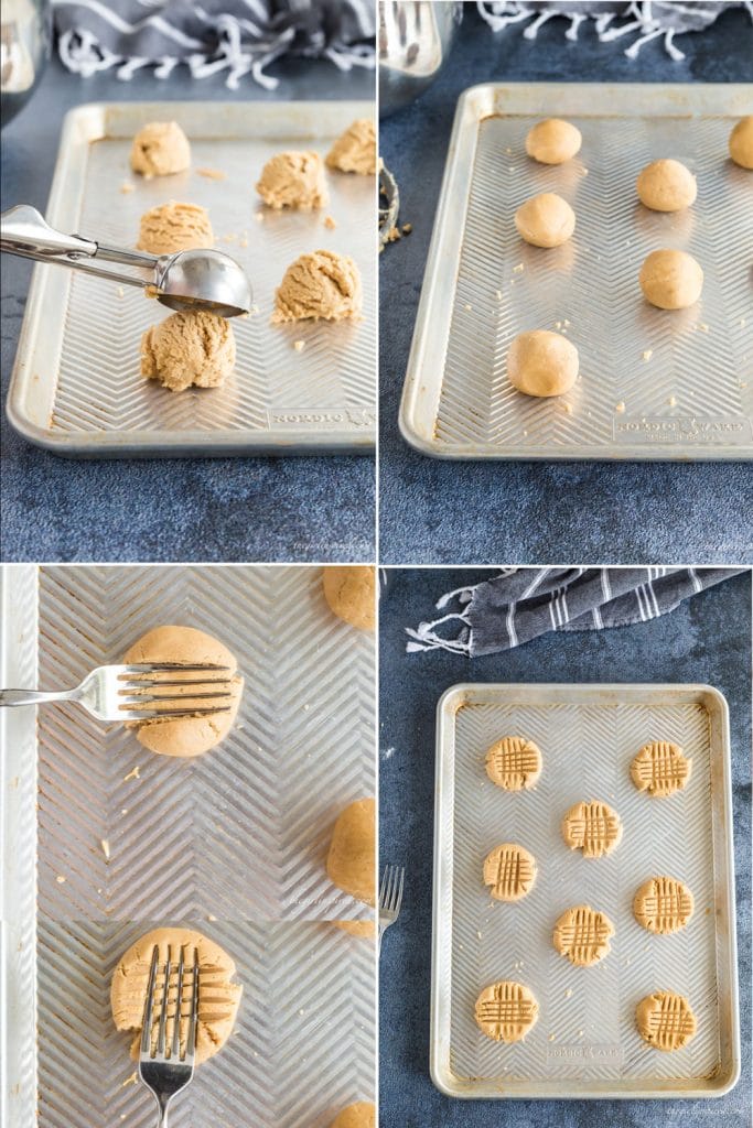 collage showing cookie scoop dropping peanut butter cookie dough onto baking sheet, rolled cookie dough balls, fork pressing criss cross pattern into cookie dough balls, and cookies ready to bake