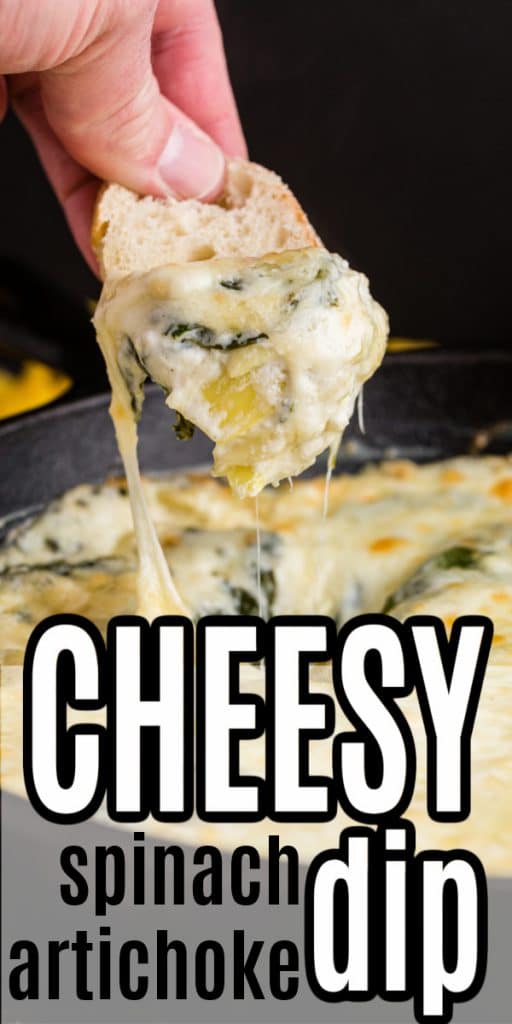 crostini scooping melted cheesy spinach artichoke dip with text overlay