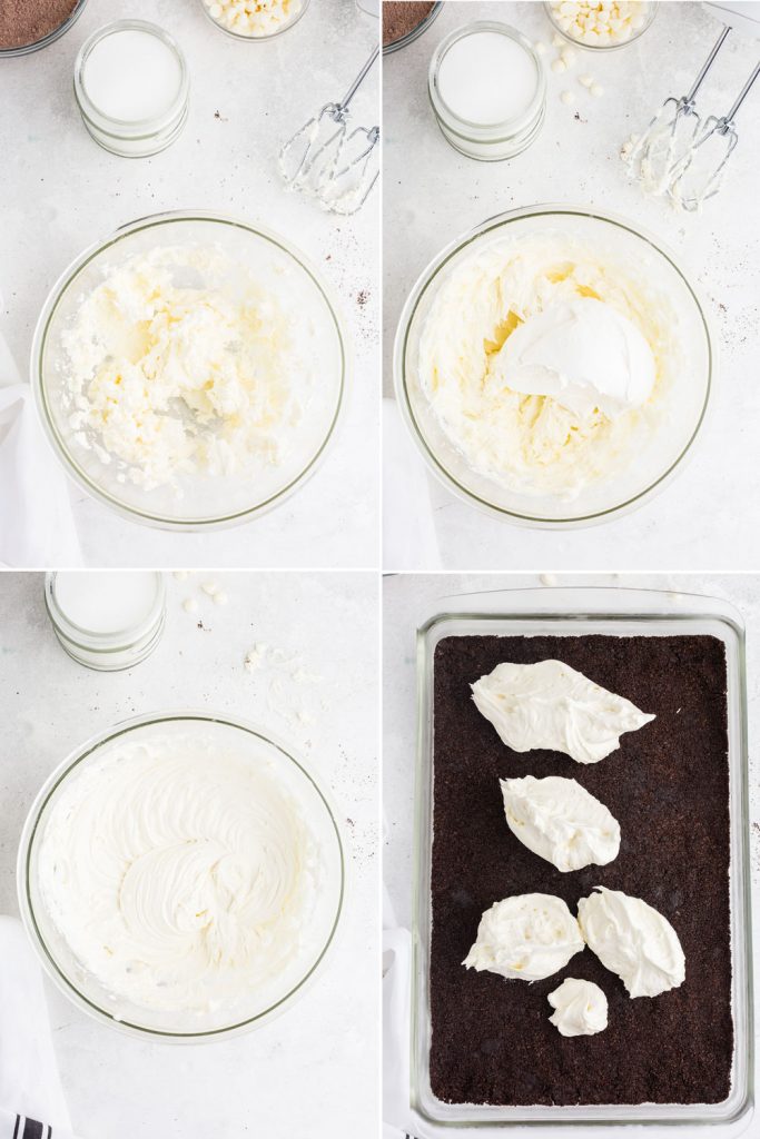 photo collage showing process of beating together cream cheese and Cool Whip and layering on crust