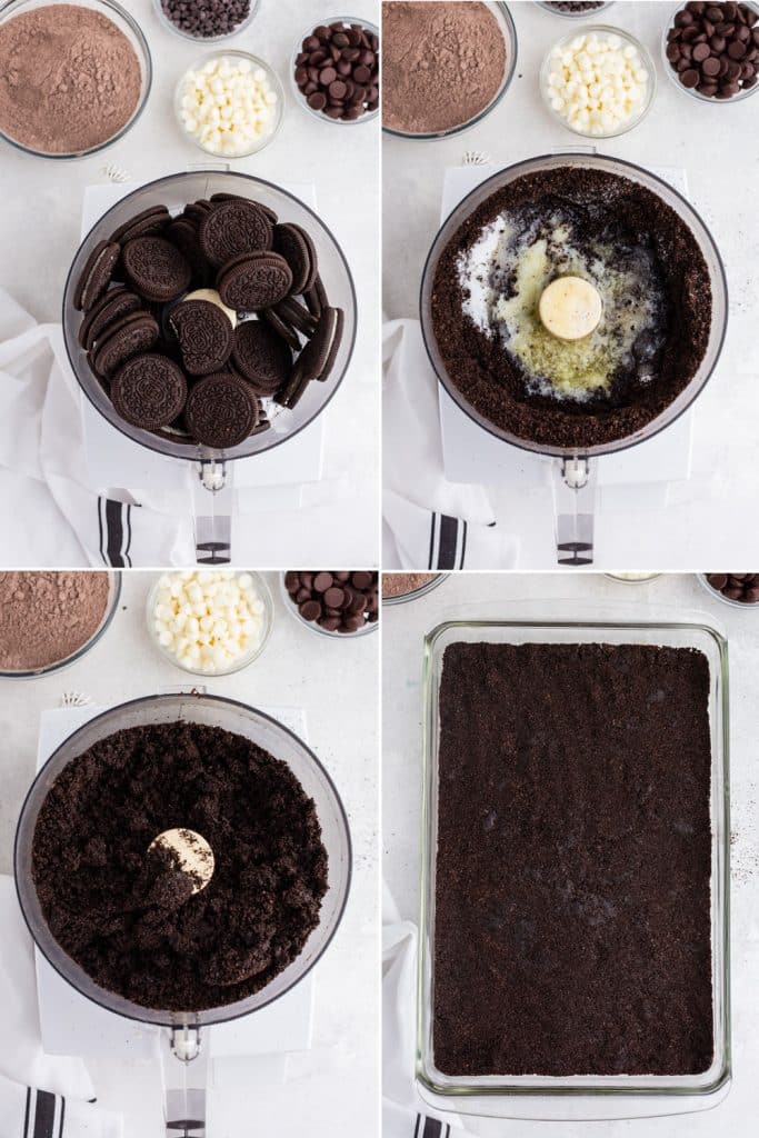 photo collage showing the process of crumbling cookies, adding melted butter and sugar, and pressed into glass baking dish