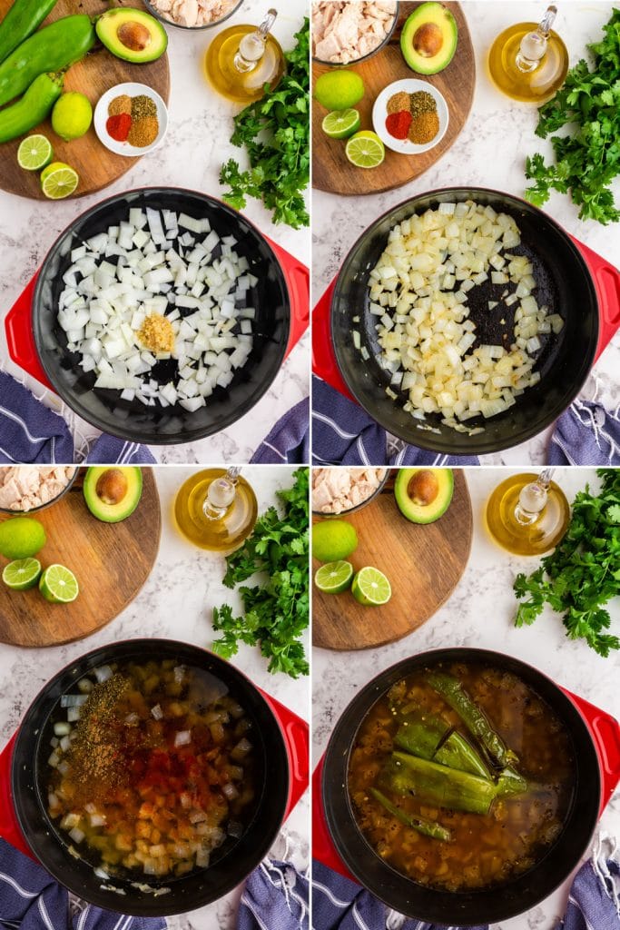 step by step photos showing onion and seasoning sauteed in red stock pot, broth and chiles added to the pot