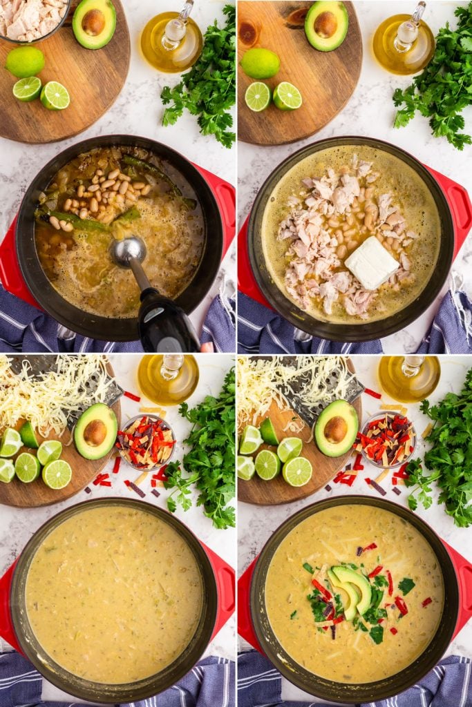 step by step photos of white beans added and blended into the green chicken chili, chicken and cream cheese added, and finished creamy soup with toppings on and around
