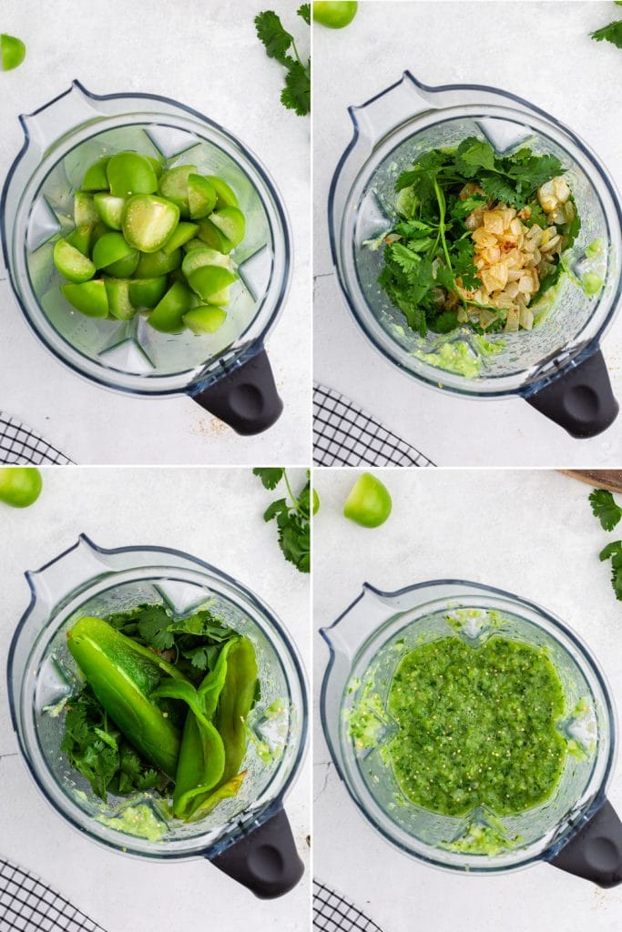 photo collage of process of adding tomatillos, cilantro, onion, and chiles to blender and the blended green sauce