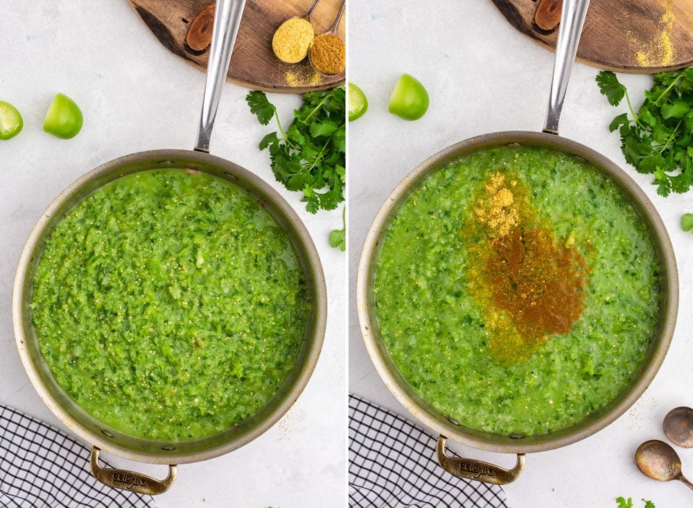 blended green sauce in saute pan and seasoning added to the sauce