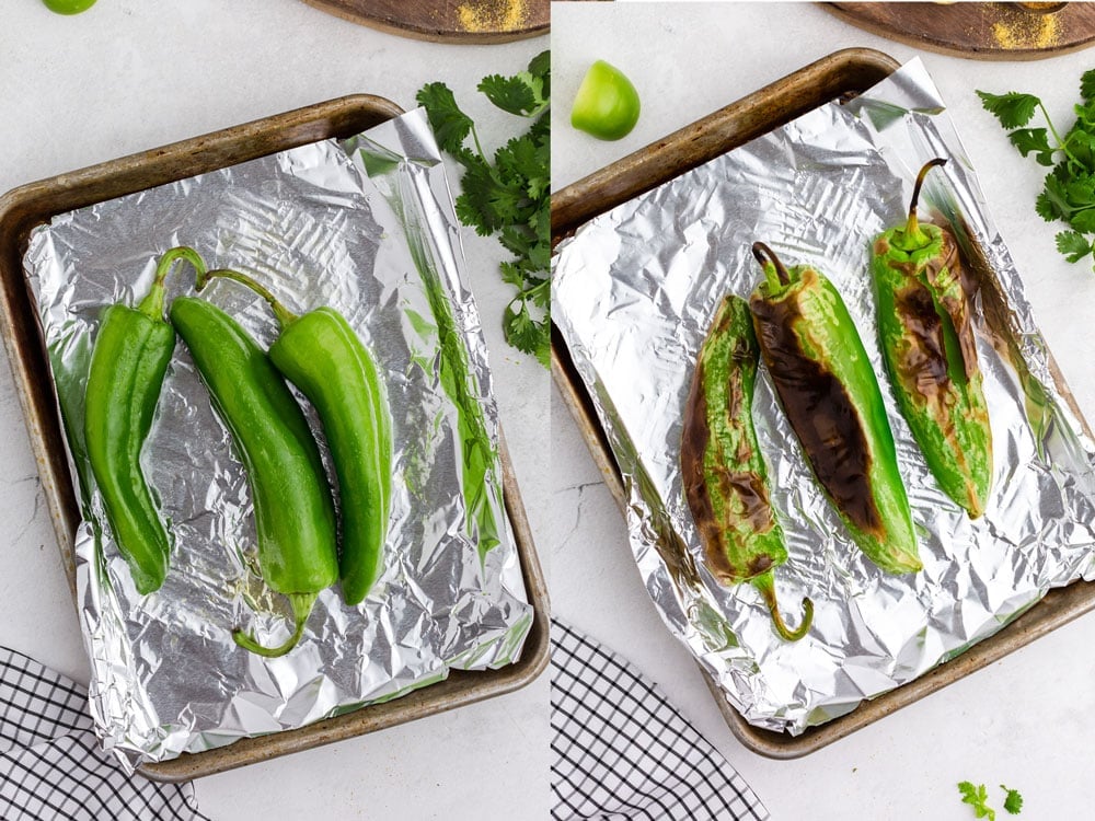 side by side photos of chiles on aluminum-lined baking sheet before and after being roasted 