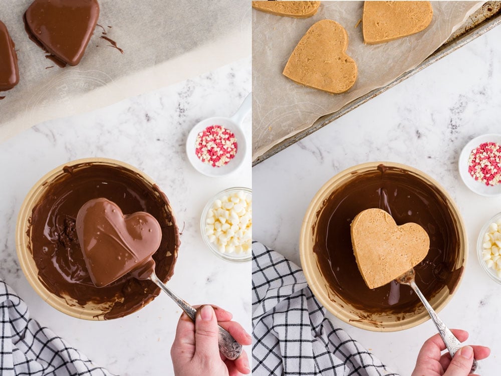 side by side photos of peanut butter heart before and after dipping into bowl of melted chocolate