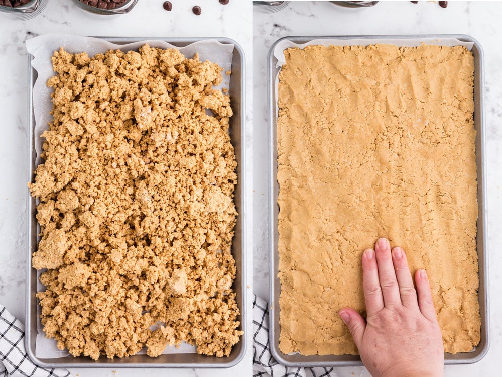 side by side photos of peanut butter mixture loose and then pressed into sheet pan