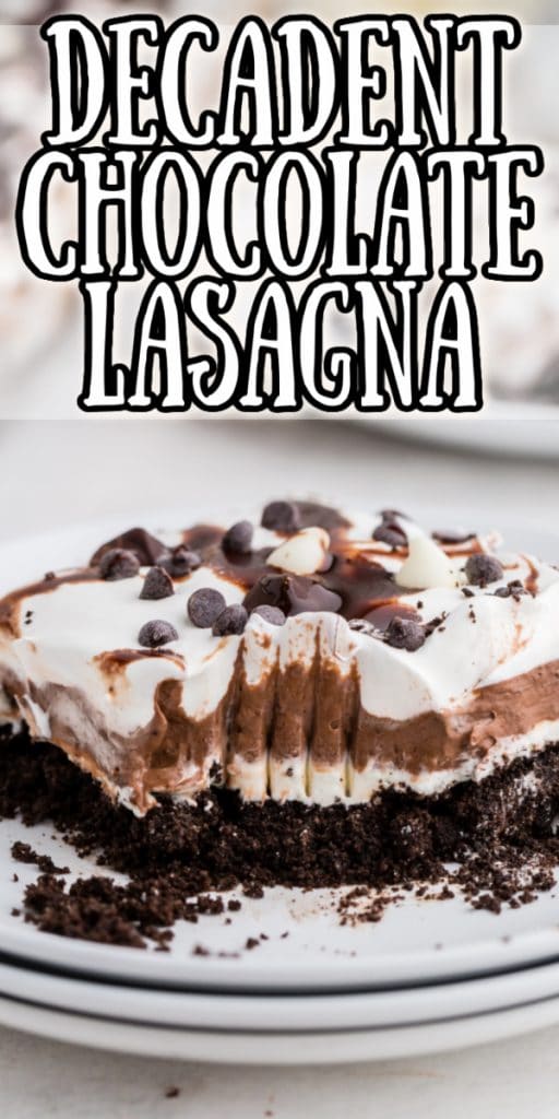 layered chocolate pudding and whipped cream dessert with bite taken out on white stack of plates with text overlay