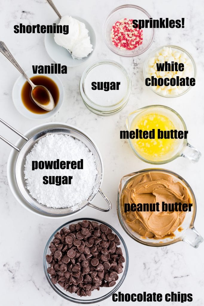 overhead look at the individual ingredients needed to make chocolate peanut butter hearts: vanilla, shortening, sugar, peanut butter, powdered sugar, chocolate chips, melted butter, white chocolate