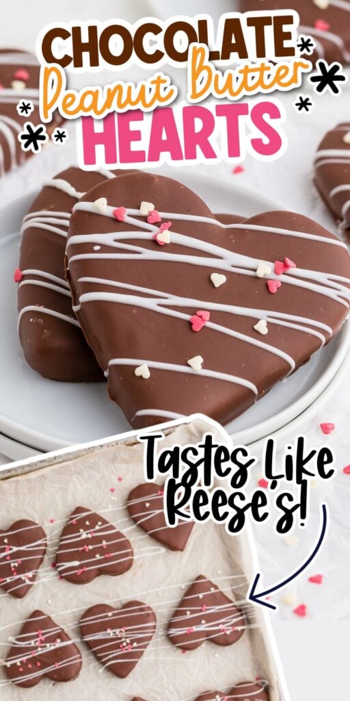 Two stacked chocolate peanut butter hearts on a plate and other hearts and decoration in the background.