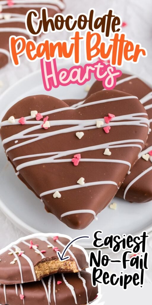 Two stacked chocolate peanut butter hearts on a plate and other hearts and decoration in the background.