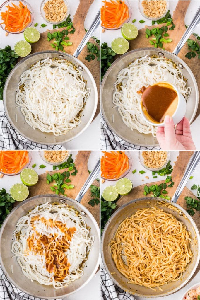 photo collage of rice noodles in saute pan being mixed with peanut sauce; carrots, peanuts, and lime in background