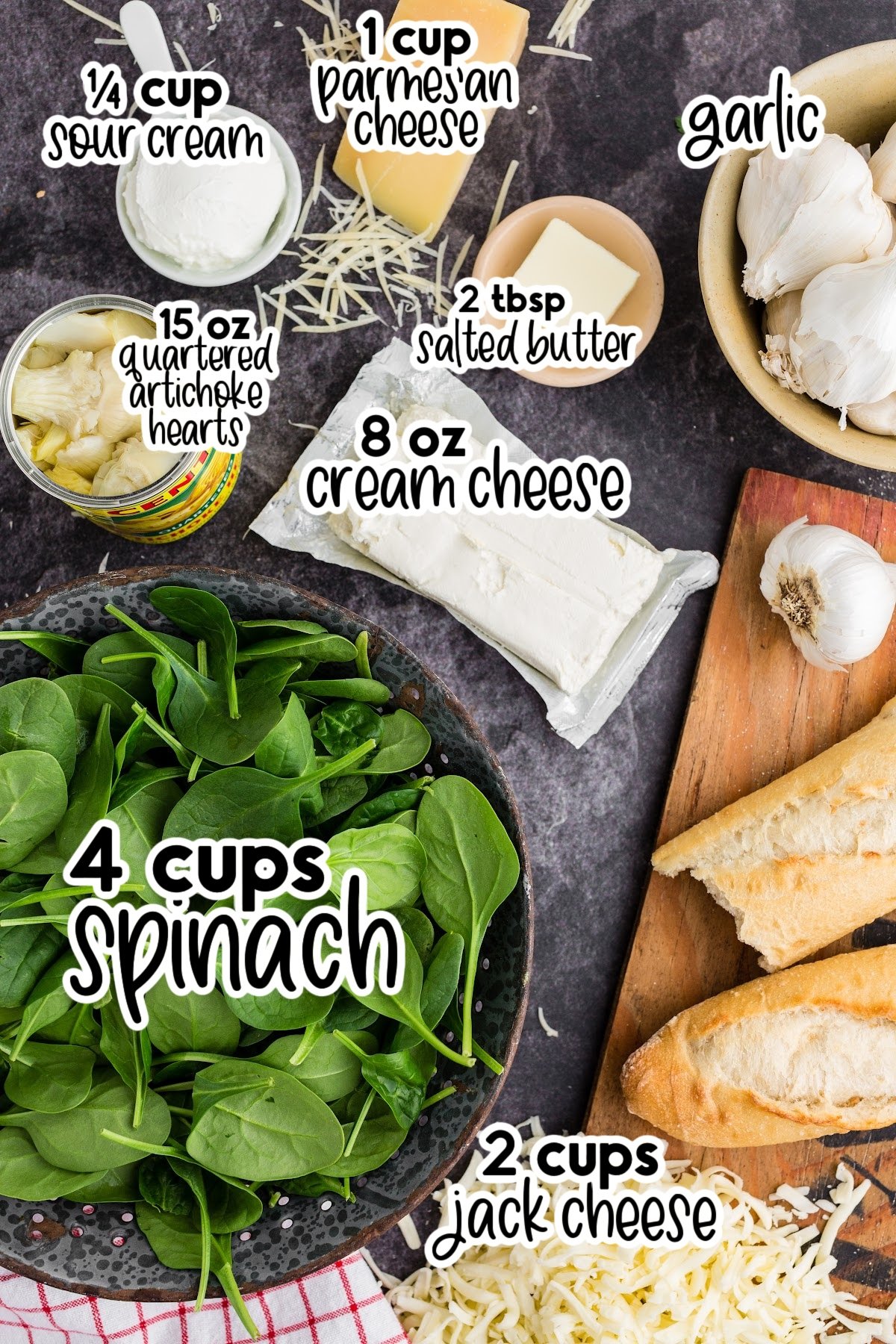 Individual ingredients needed to make the spinach artichoke dip without mayo recipe, with text labels.