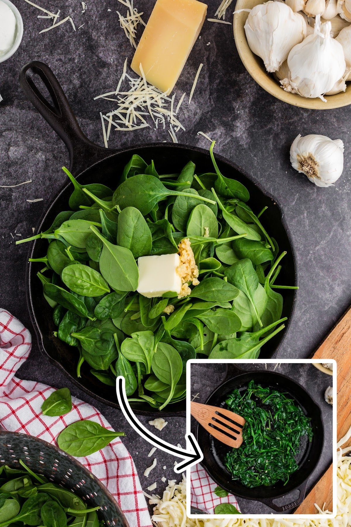 Fresh spinach, butter, and garlic in a cast iron skillet before and after being sauteed.