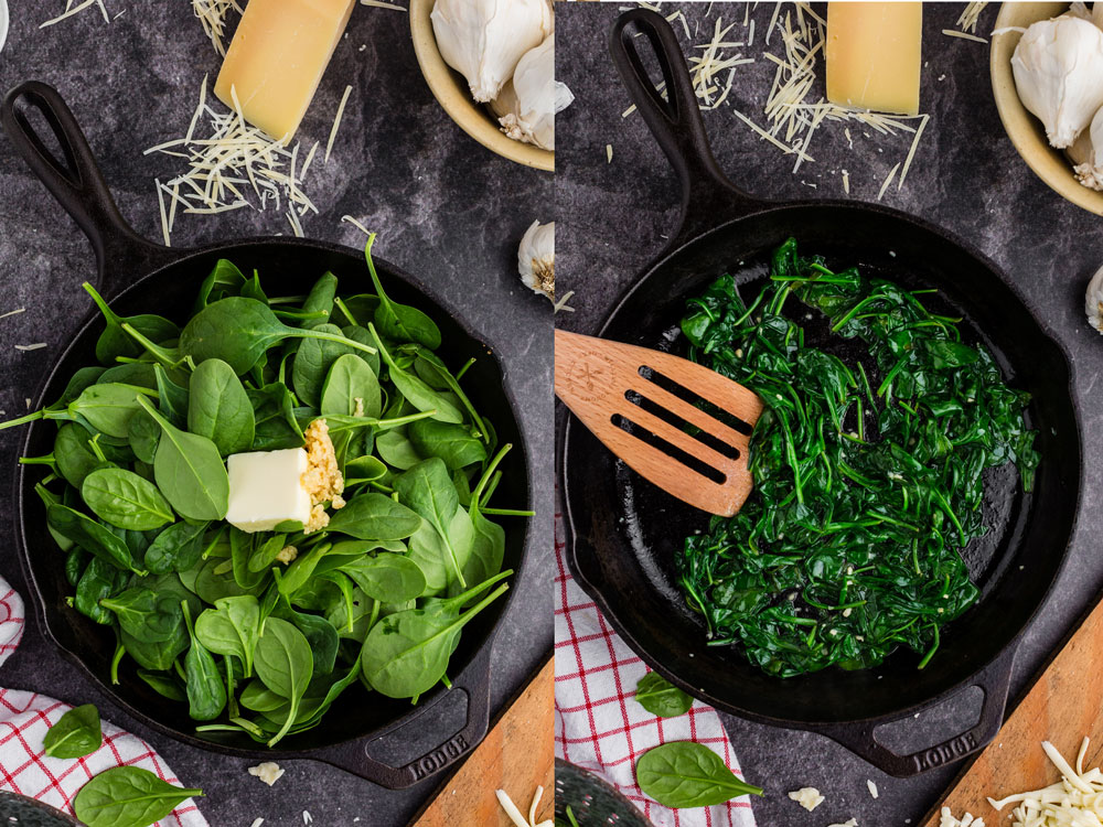side by side photos of spinach, butter, and garlic in cast iron pan before and after cooking