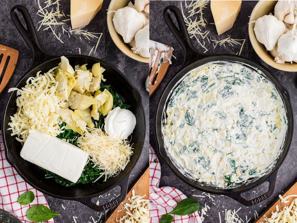side by side photos of spinach artichoke dip ingredients placed in cast iron pan and then mixed altogether in pan