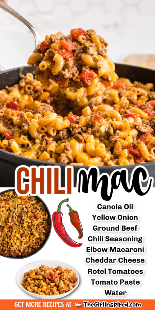 big scoop of chili mac on metal spoon over skillet and text overlay listing ingredients