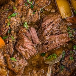 close up of pot roast meat falling apart in gravy with potatoes and carrots