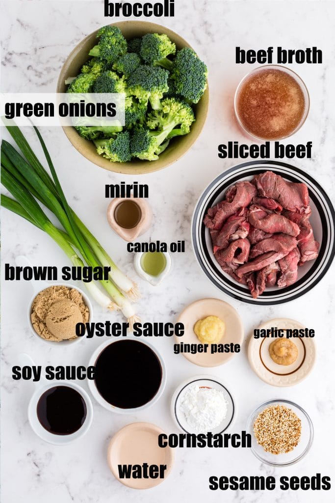 ingredients for beef and broccoli set out in individual bowls