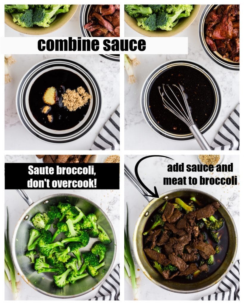 collage of step by step photos showing the sauce ingredients added and whisked together in a bowl, the broccoli cooked in the pan, and the sauce and browned beef added in with the broccoli