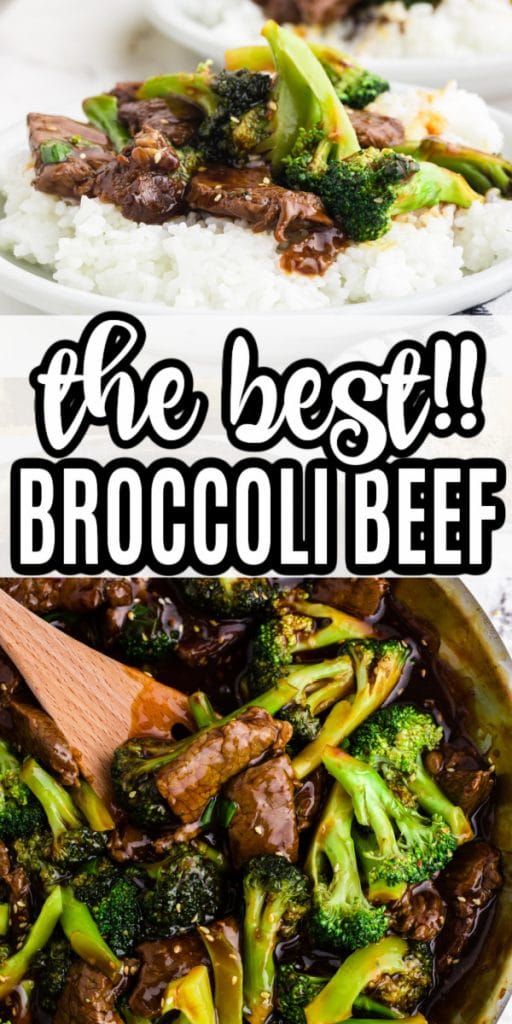 collage of beef and broccoli in saute pan with wooden spoon and plated on rice