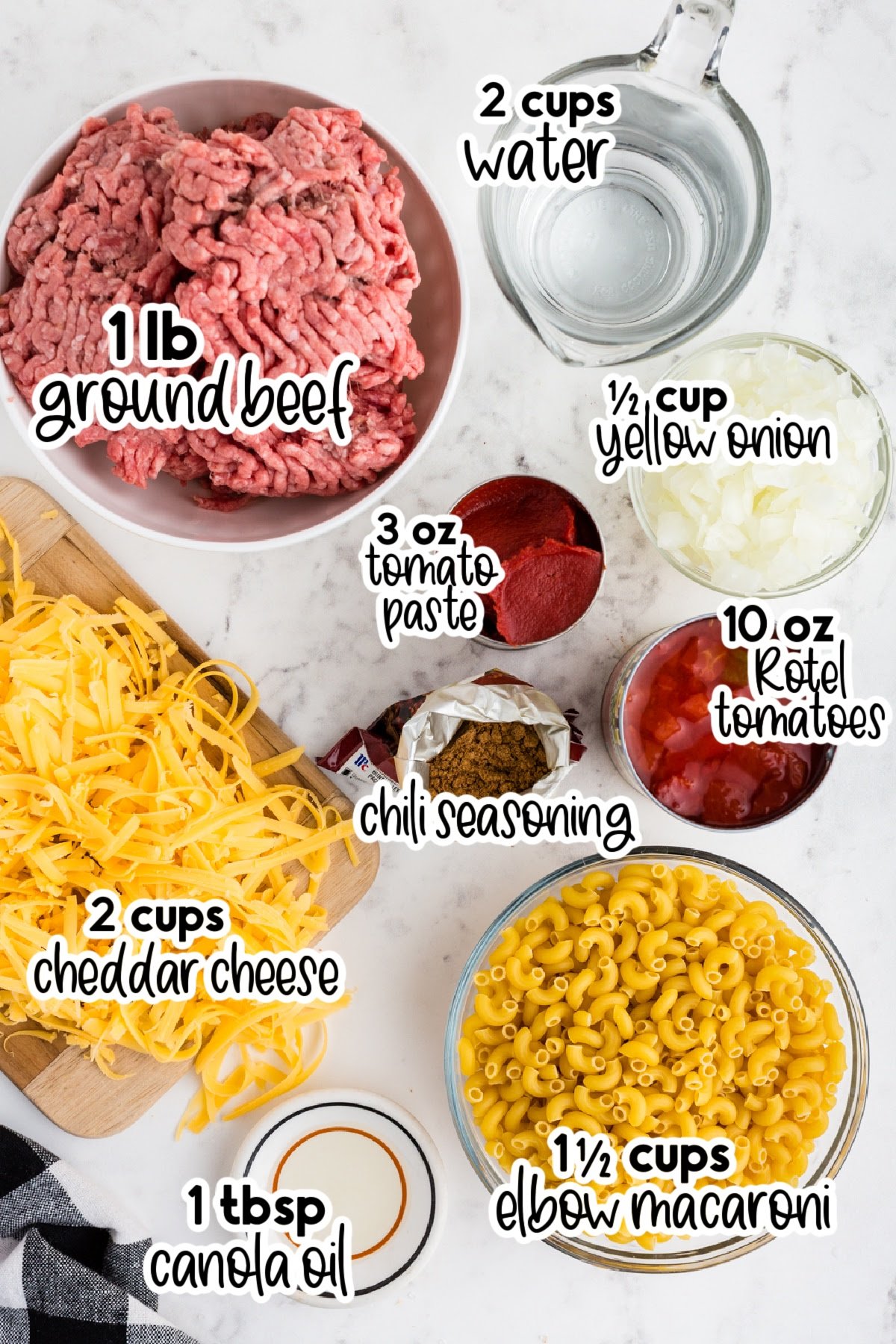 Individual ingredients needed to make Chili Mac with text labels.
