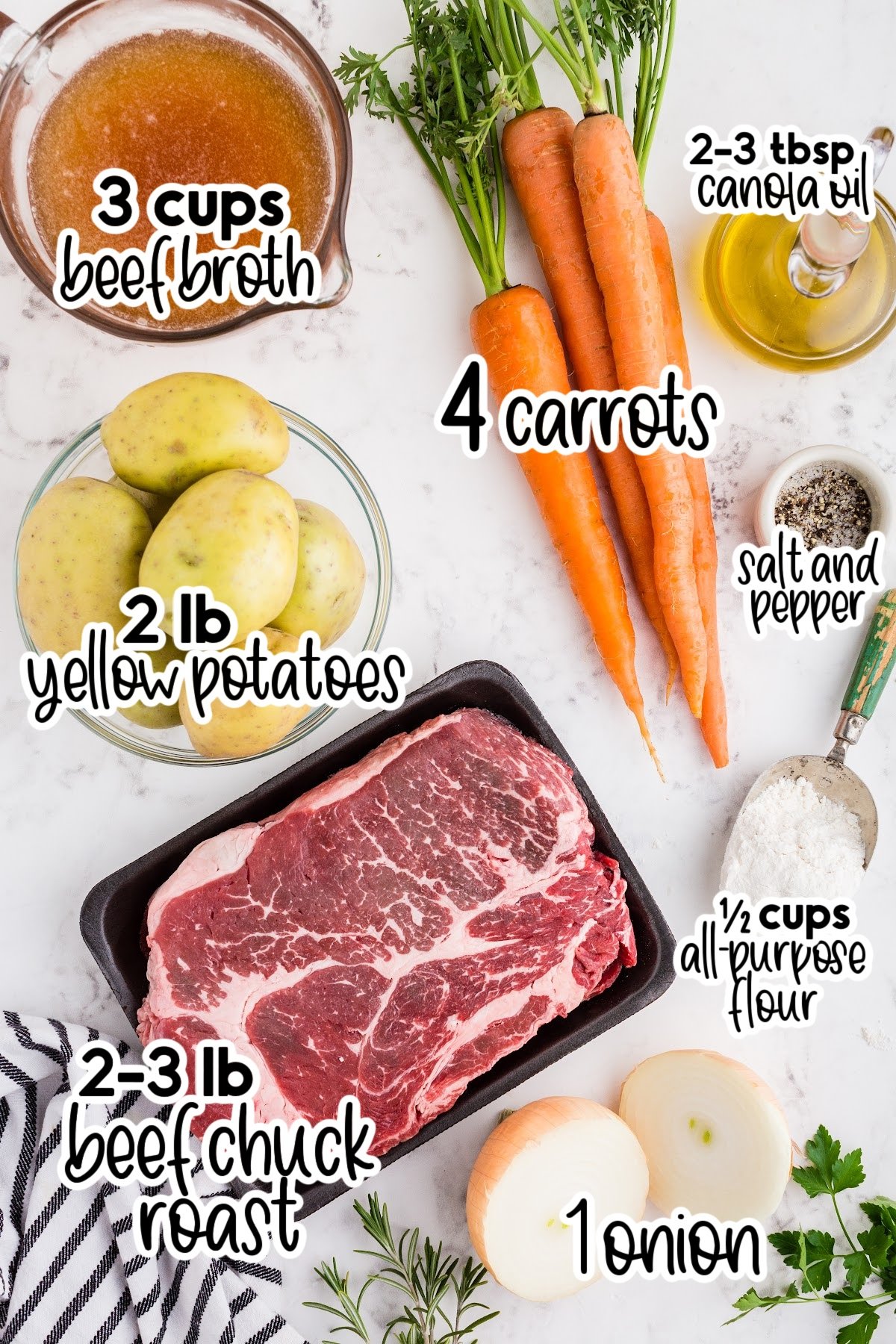 Individual ingredients for this pot roast recipe set out with text labels and amounts.