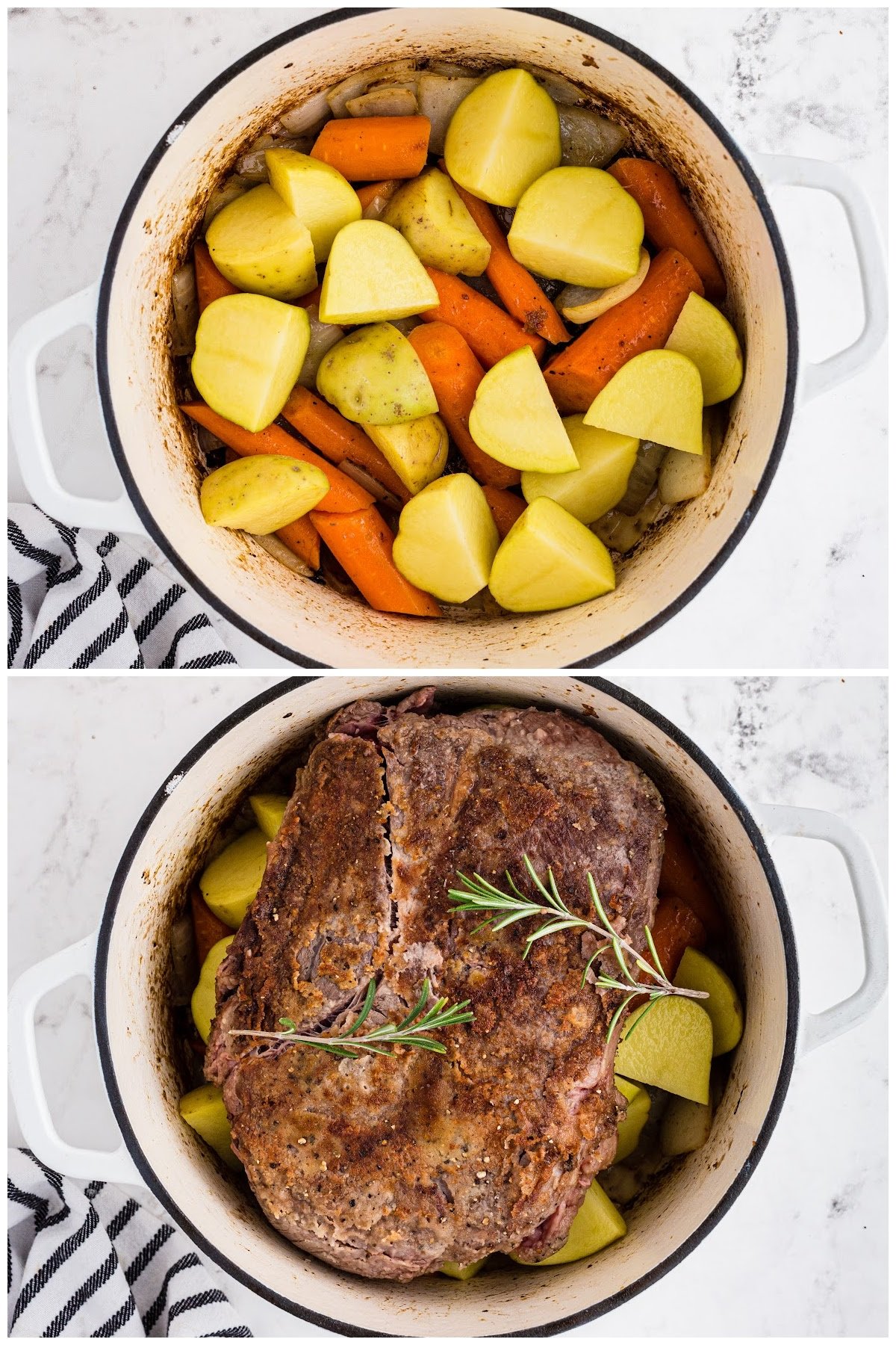 Photo collage: potatoes and carrots in stock pot and browned pot roast with rosemary placed over the vegetables.