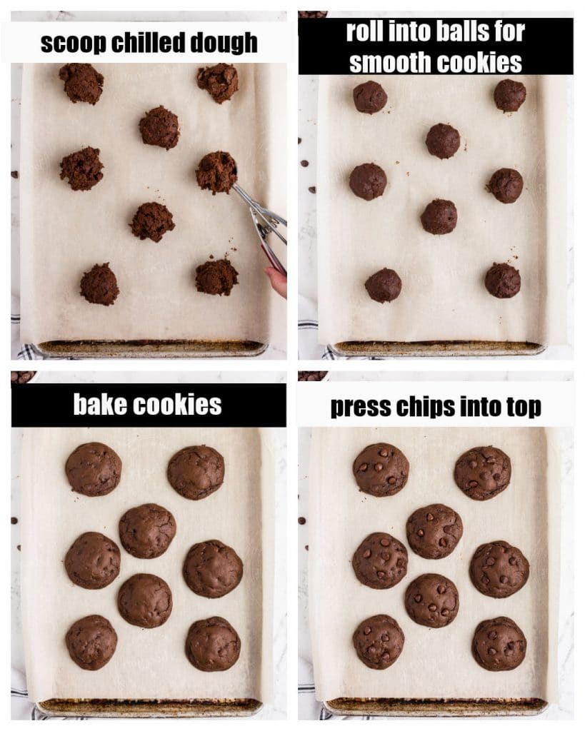 photo collage of scooped, rolled, baked, and finished cookies on baking sheets with text overlay