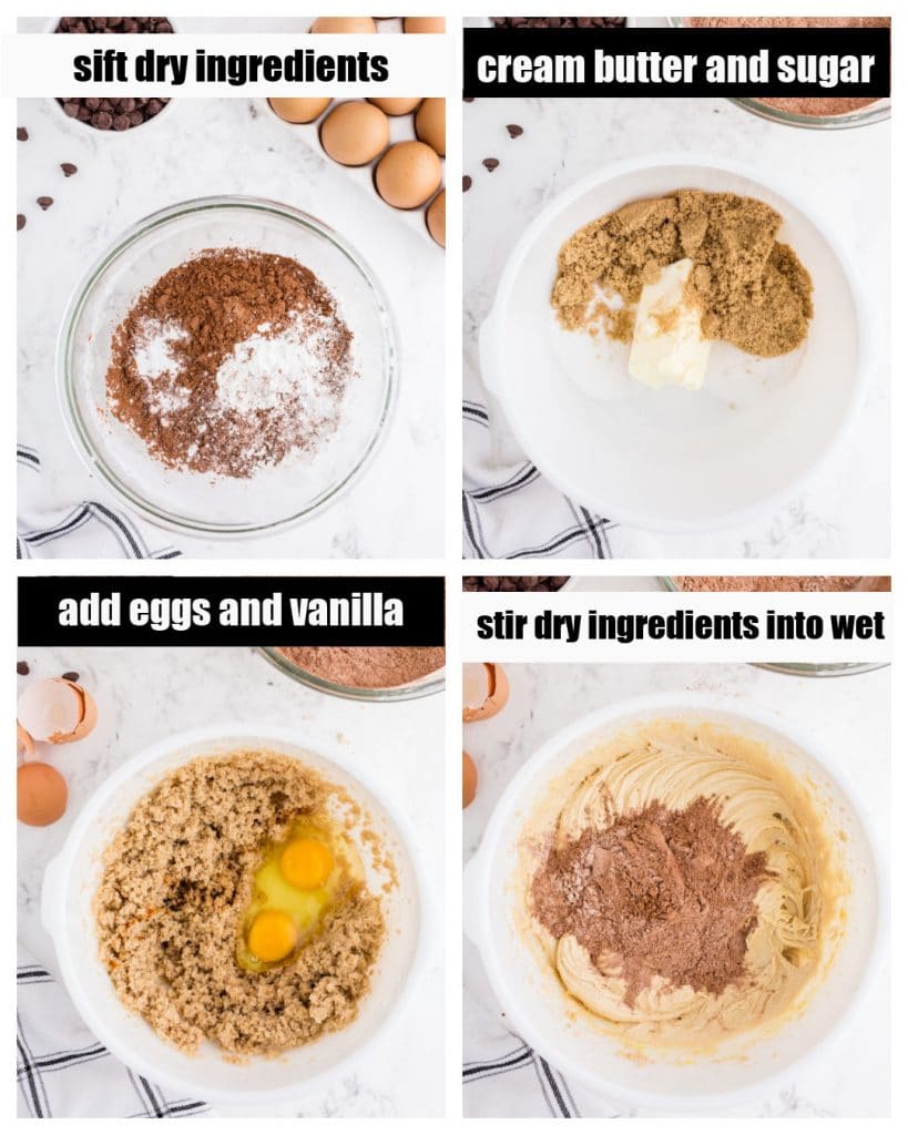 photo collage of dry ingredients in clear bowl, butter and sugars in white bowl, cookie dough with eggs in bowl, dry ingredients added to dough