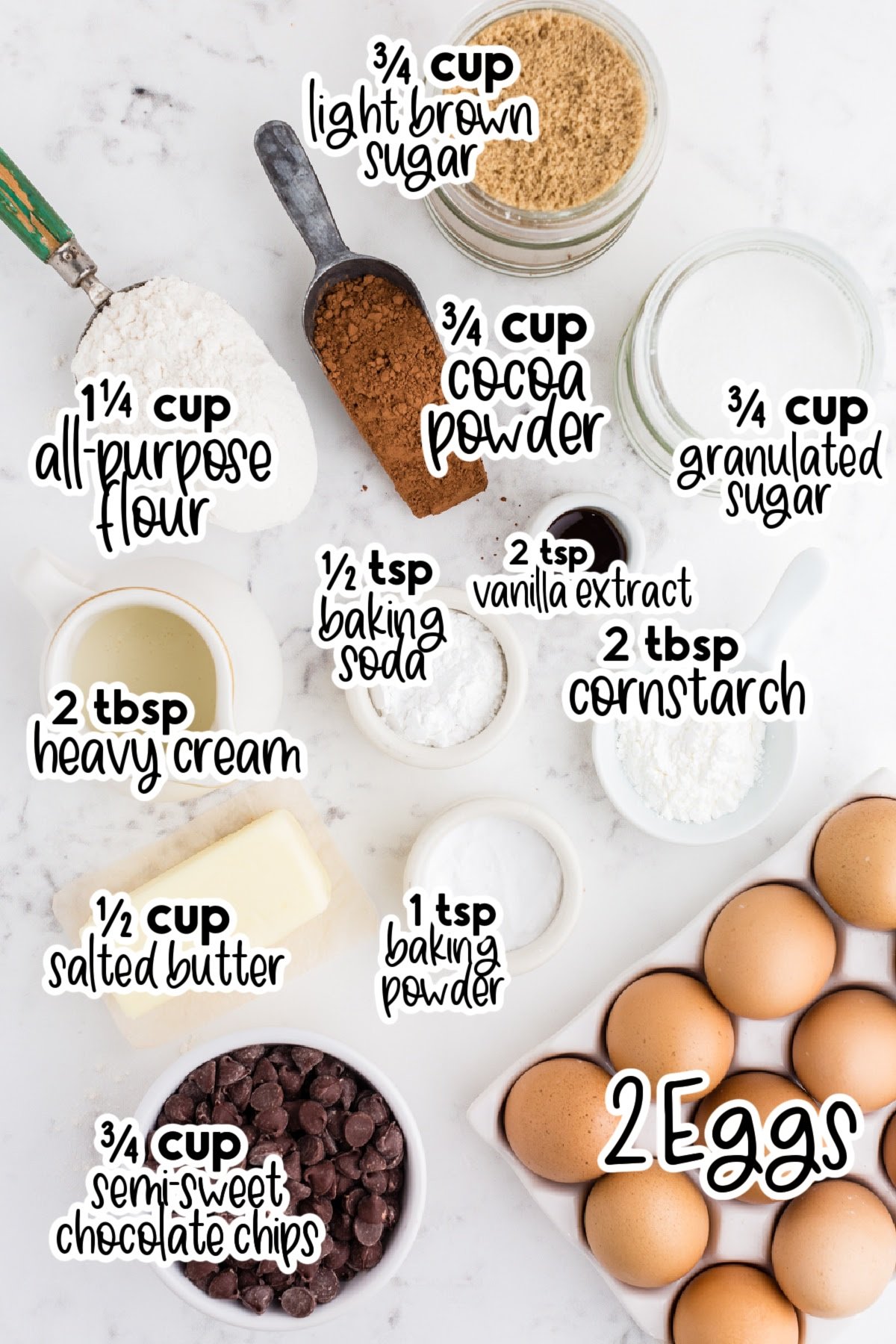 Individual ingredients for double chocolate chip cookies, with text labels.