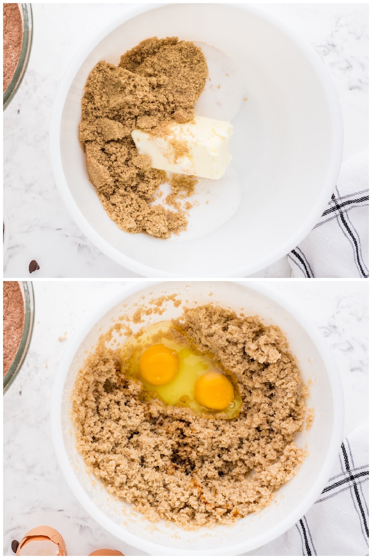 Photo collage of butter and sugar in mixing bowl and eggs added to cookie dough batter.